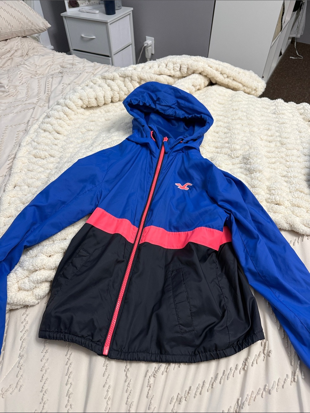 Hollister Girls Blue, Black & Pink Colorblock Hooded Rain Jacket
